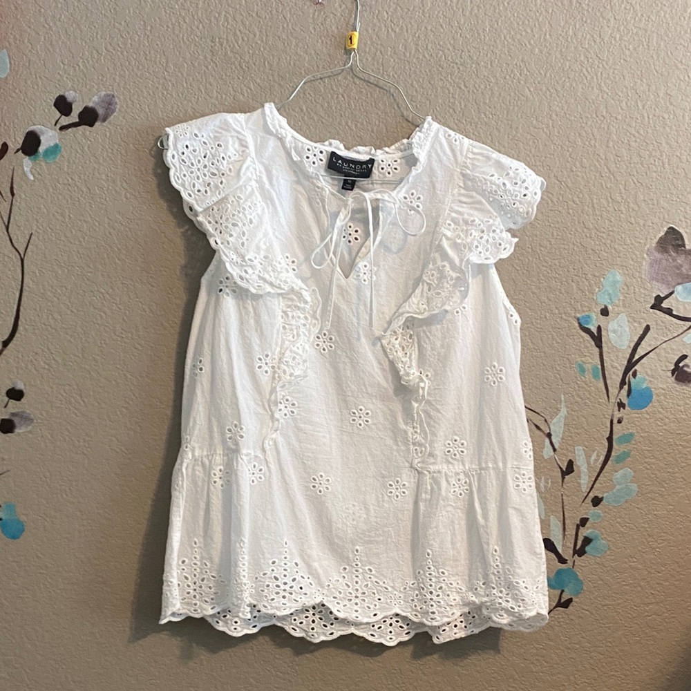 White cotton eyelet cottage tie blouse flutter sleeve Laundry M regcore prarie